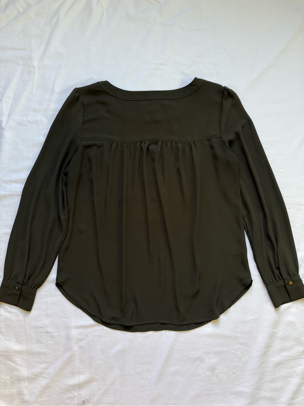 LOFT Olive Green Long-Sleeve Button-Shoulder Blouse - Picture 6 of 8